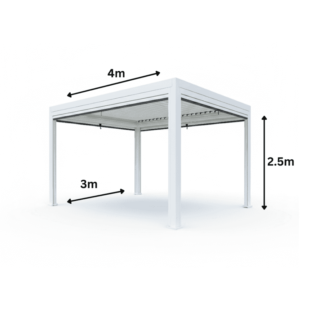 White luxury 3x4m gazebo with wind-resistant roller blinds, outdoor pergola from The Outdoor Furniture Market.