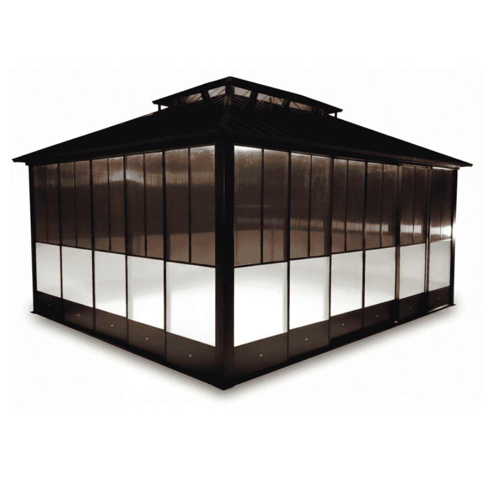 Luxury 6x3.65m aluminum gazebo with double roof and sliding doors, perfect for outdoor shelter and relaxation.