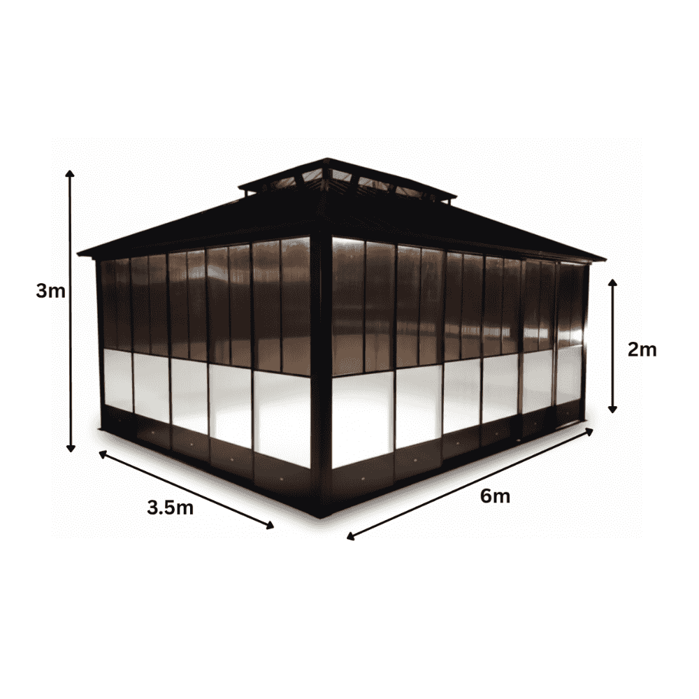 Luxury 6x3.65m aluminum gazebo with sliding doors, outdoor pergola by The Outdoor Furniture Market, featuring a modern design.