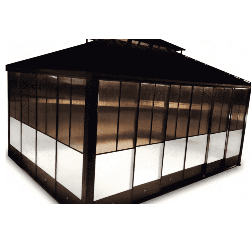 Luxury 6x3.65m aluminum gazebo with double roof and sliding doors, outdoor pergola by The Outdoor Furniture Market.