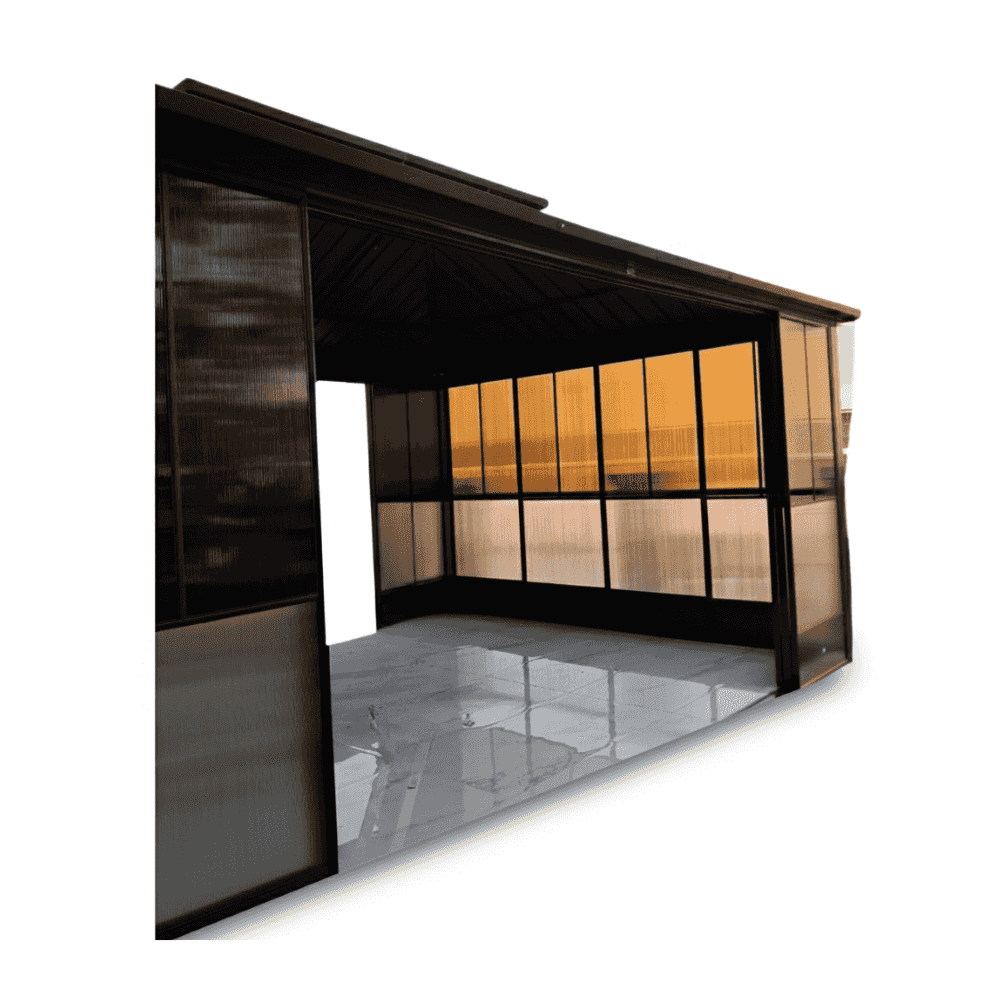 Aluminum gazebo with double roof and sliding doors, 6x3.65m, designed for outdoor seating and shade by The Outdoor Furniture Market.