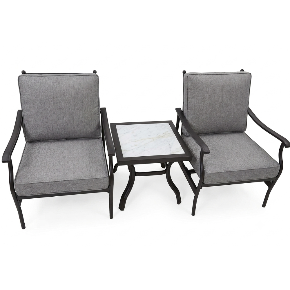Two grey cushioned outdoor armchairs with a small marble-top side table from The Outdoor Furniture Market