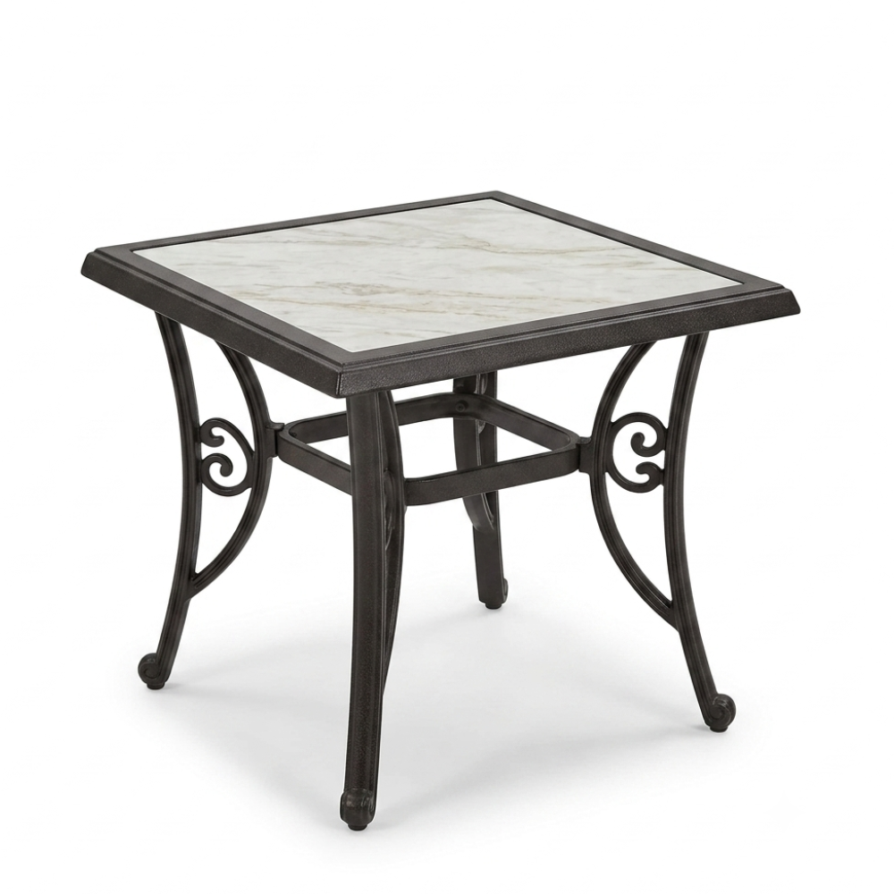 Square marble top outdoor side table with dark metal frame from The Outdoor Furniture Market