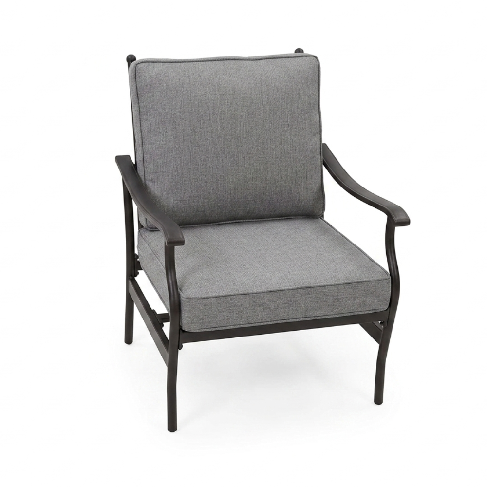 Grey cushioned patio armchair with dark metal frame from The Outdoor Furniture Market