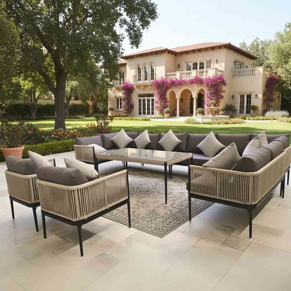 Luxury outdoor rope sectional sofa set by The Outdoor Furniture Market, featuring a spacious 10-12 seat patio lounge with cushions.
