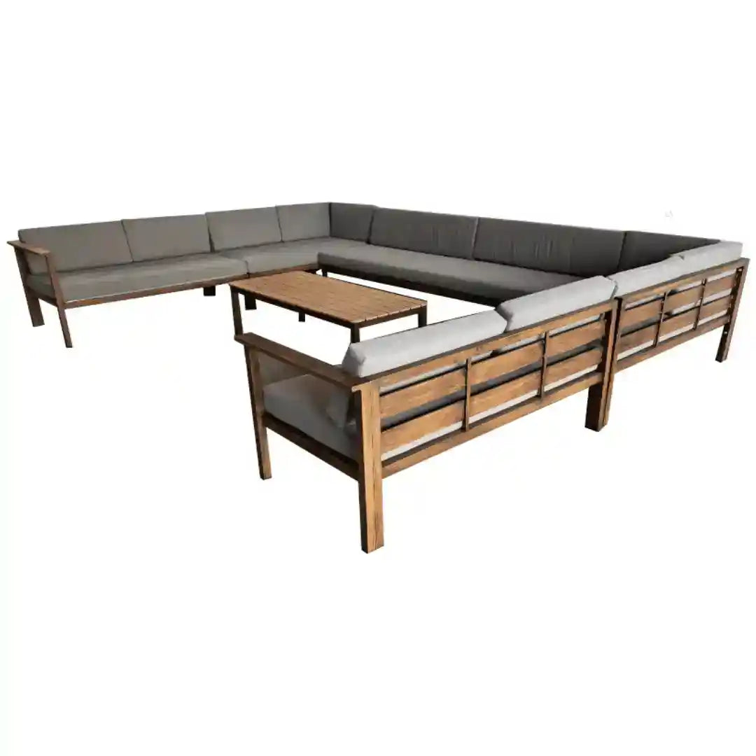 Luxury outdoor U-shaped sofa set by The Outdoor Furniture Market featuring aluminum frame, wood-finish accents, and weather-resistant cushions.