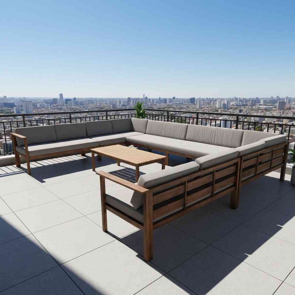 Luxury outdoor U-shaped sofa set by The Outdoor Furniture Market with aluminum frame, wood-finish accents, weather-resistant cushions.
