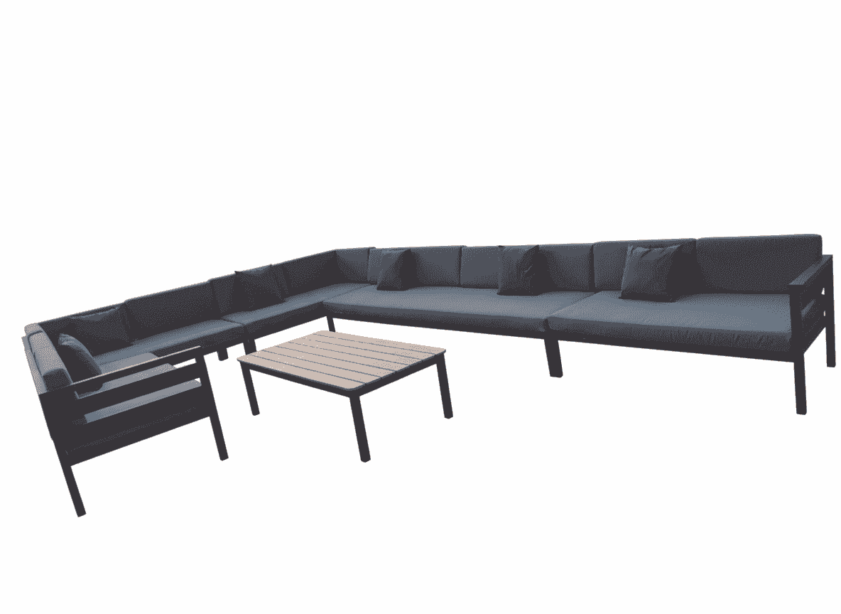 Luxury outdoor U-shaped sofa set by The Outdoor Furniture Market with aluminum frame, wood finish, and weather-resistant cushions.