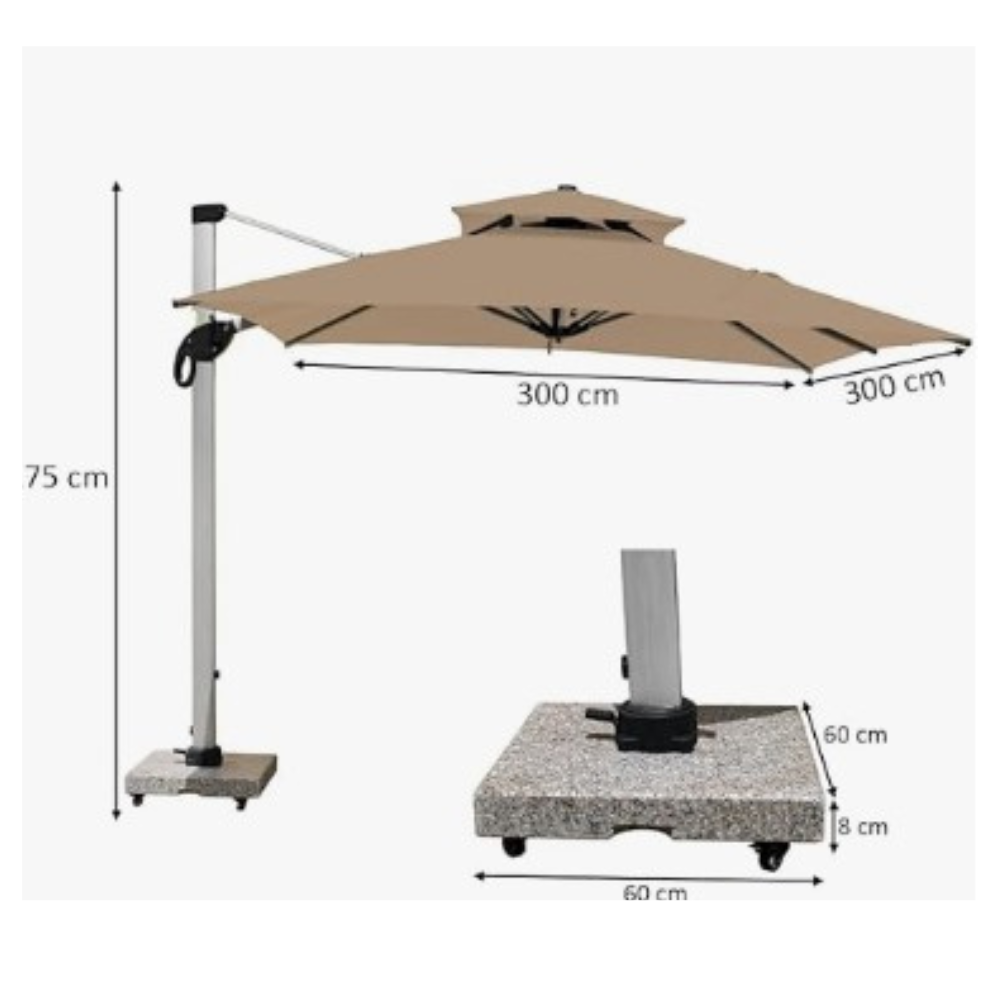 Casa Fiora 3x3m outdoor cantilever umbrella with marble wheel base and 360° rotation, shown with metal base for stability