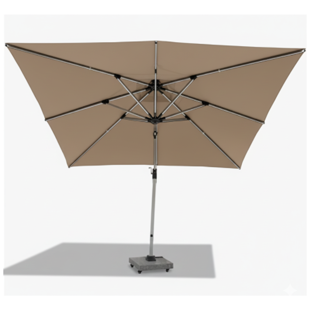 Casa Fiora 3x3m outdoor cantilever umbrella with marble wheel base and 360° rotation, shown with metal base for stability.