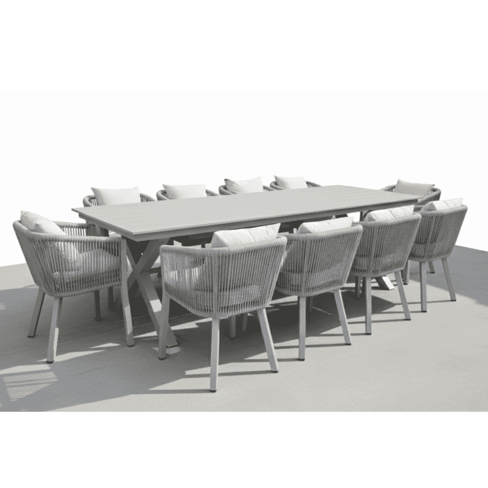 Modern 10-person aluminum outdoor dining set with comfort cushions from The Outdoor Furniture Market, featuring a spacious table and chairs.