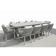 Modern 10-person aluminum outdoor dining set with comfort cushions from The Outdoor Furniture Market, featuring a spacious table and chairs.