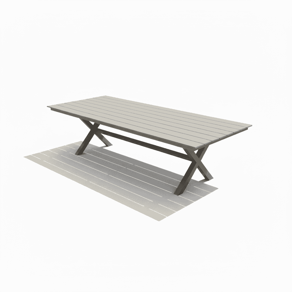 Modern 10-person aluminum outdoor dining set with comfort cushions, featuring a spacious table and matching chairs for outdoor gatherings.