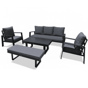 Modern 5-piece aluminum outdoor sofa set by The Outdoor Furniture Market with weather-resistant cushions on a patio.
