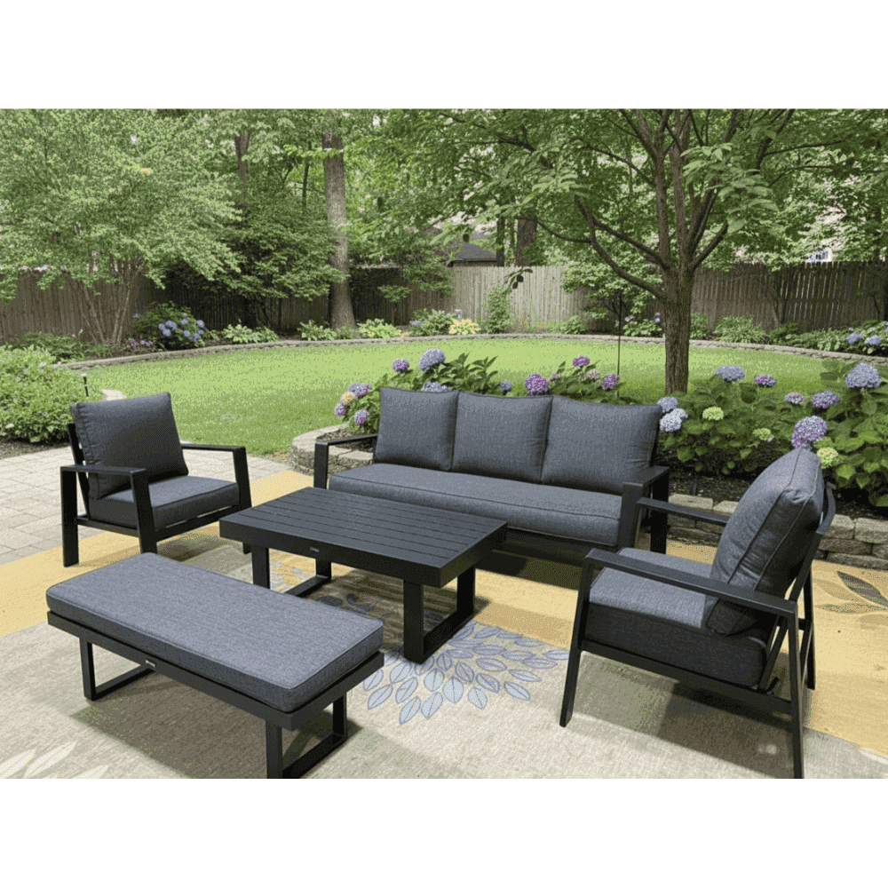 Modern 5-piece aluminum outdoor sofa set with weather-resistant cushions, featuring sleek design and durable waterproof fabric.