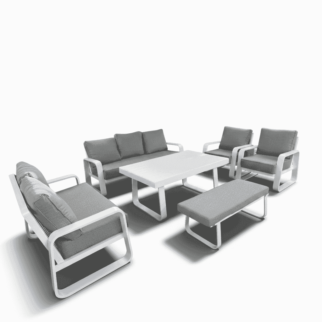 Modern 5-piece white aluminum patio sofa set with waterproof cushions, stylish outdoor furniture from The Outdoor Furniture Market.