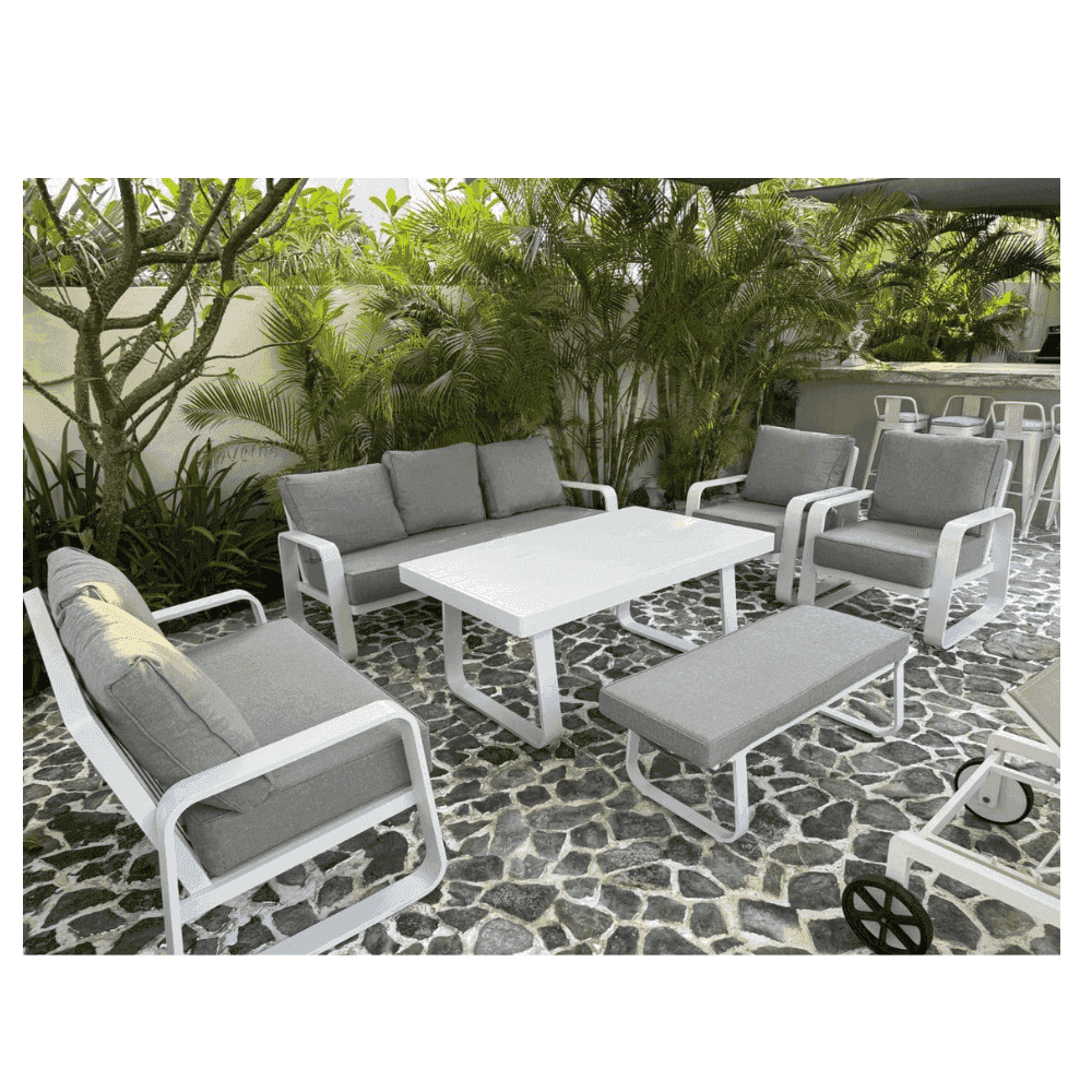 Modern 5-piece white aluminum patio sofa set with waterproof cushions from The Outdoor Furniture Market, featuring outdoor seating and tables.