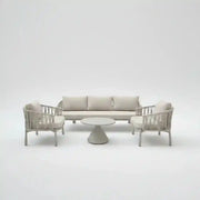 Modern 5-seater outdoor sofa set with aluminum frame and matching coffee table, ideal for outdoor patio seating.