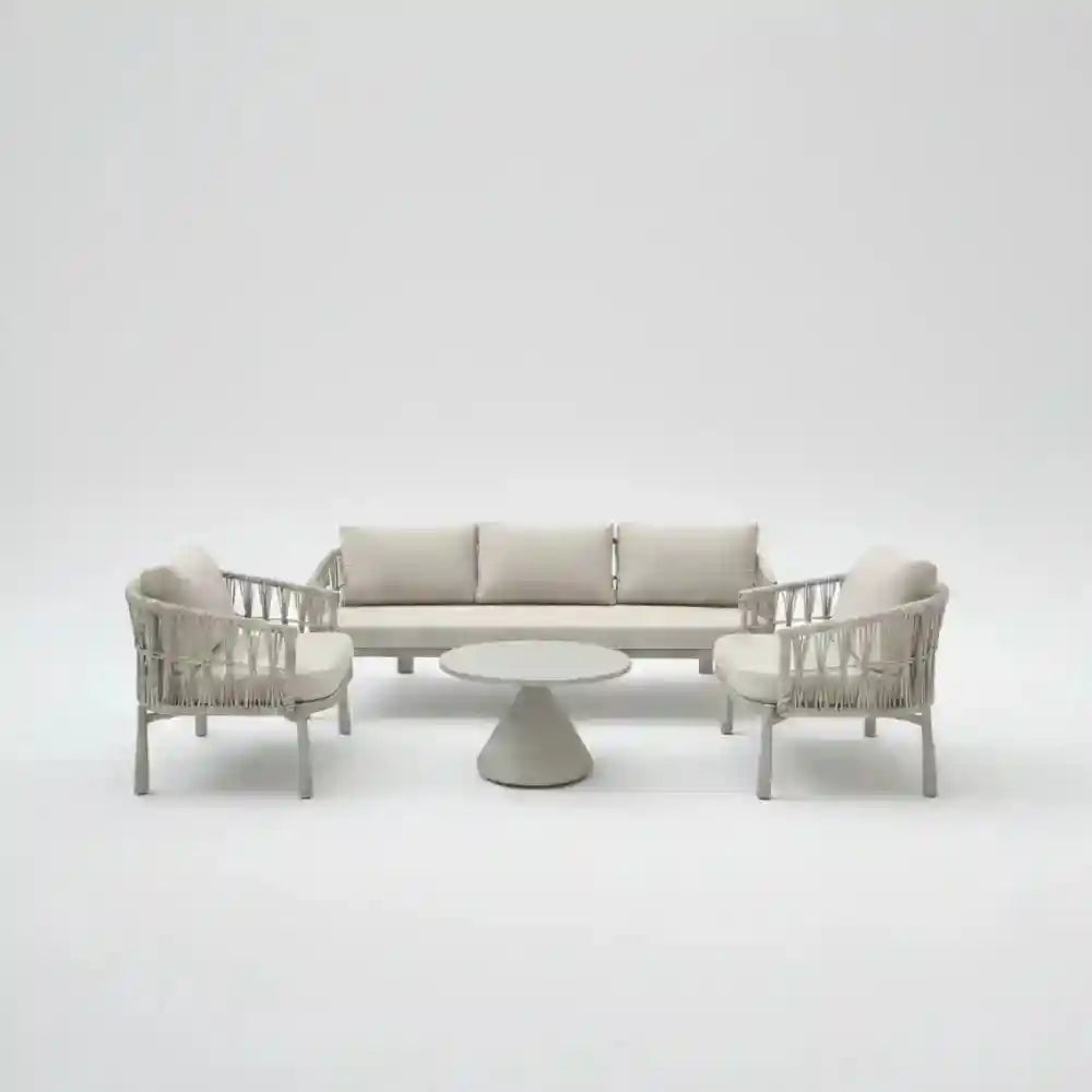 Modern 5-seater outdoor sofa set with aluminum frame and matching coffee table, ideal for outdoor patio seating.