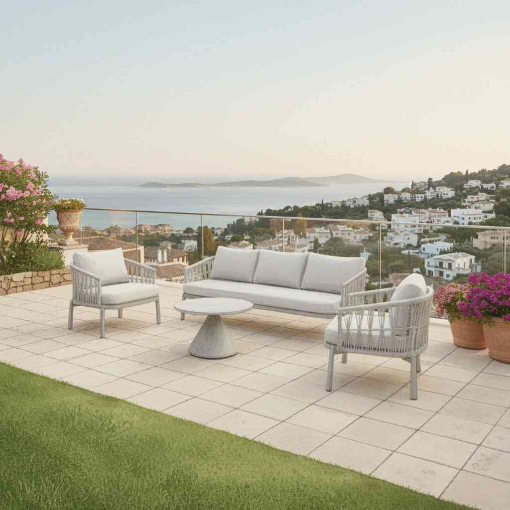 Modern 5-seater outdoor sofa set with aluminum frame and coffee table, stylish outdoor furniture from The Outdoor Furniture Market.