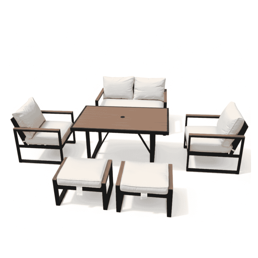Modern 6-piece outdoor sofa set by The Outdoor Furniture Market with cushioned seats and a stylish, contemporary design.