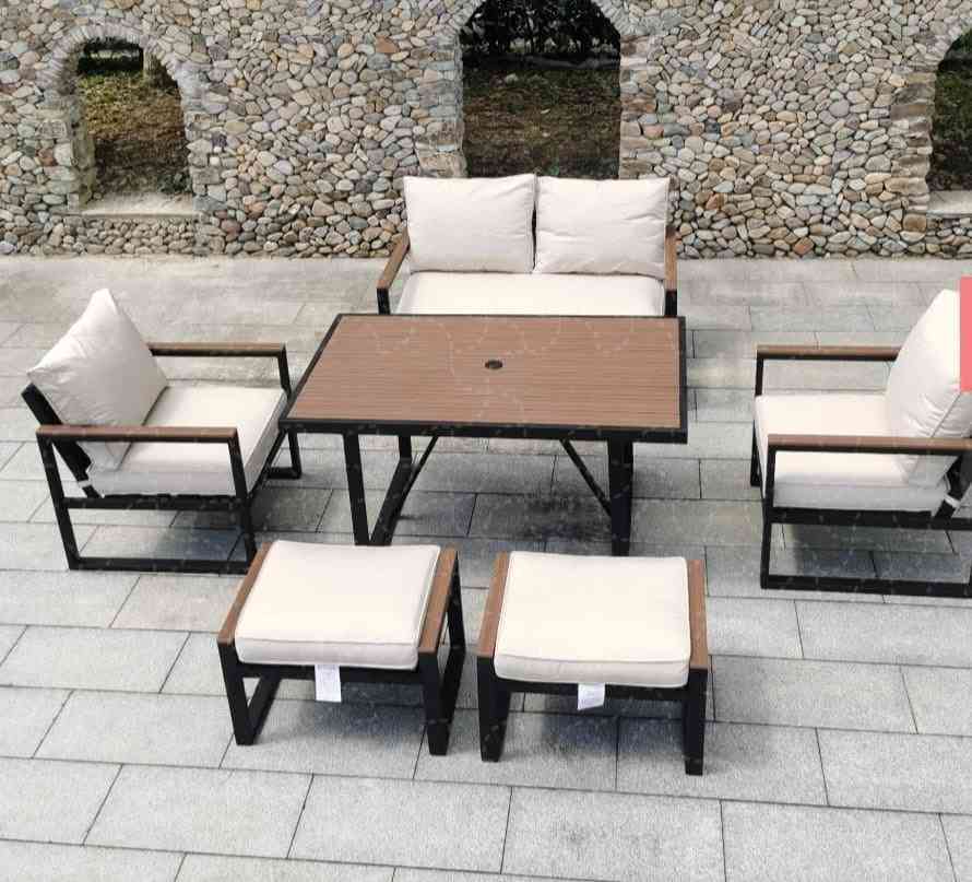 Modern 6-piece outdoor sofa set by The Outdoor Furniture Market with cushioned seats and stylish weather-resistant design.