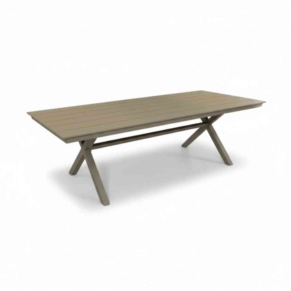 Modern 8-person aluminum outdoor dining set with matching chairs and comfort cushions, perfect for patio gatherings.