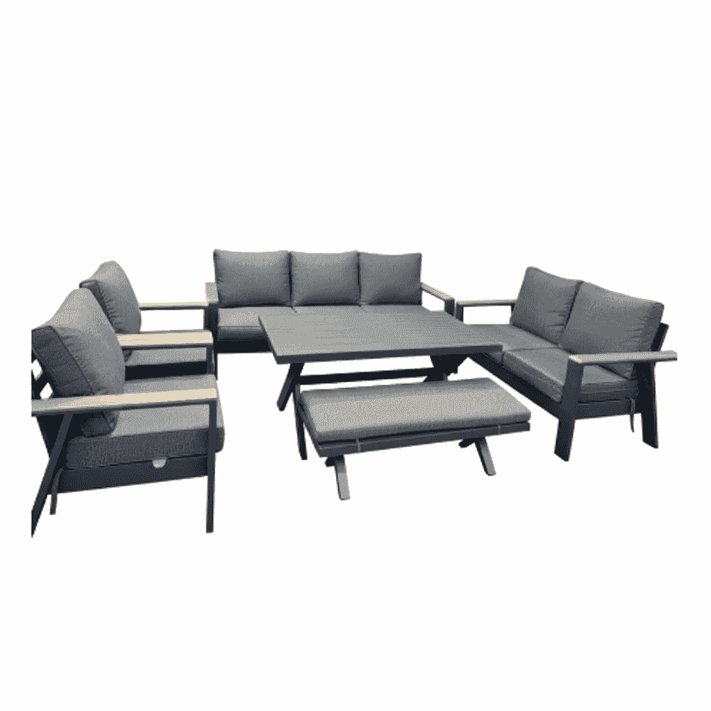 Modern 9-seater outdoor lounge sofa set by The Outdoor Furniture Market with aluminum frame and plush cushions, includes dining table.