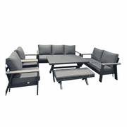 Modern 9-seater outdoor lounge sofa set by The Outdoor Furniture Market with aluminum frame and plush cushions, includes dining table.