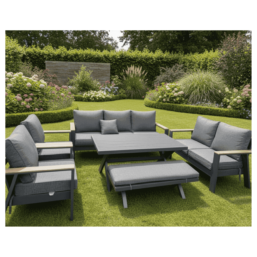 Modern 9-seater outdoor lounge sofa set by The Outdoor Furniture Market with aluminum frame and plush cushions, featuring a dining table.