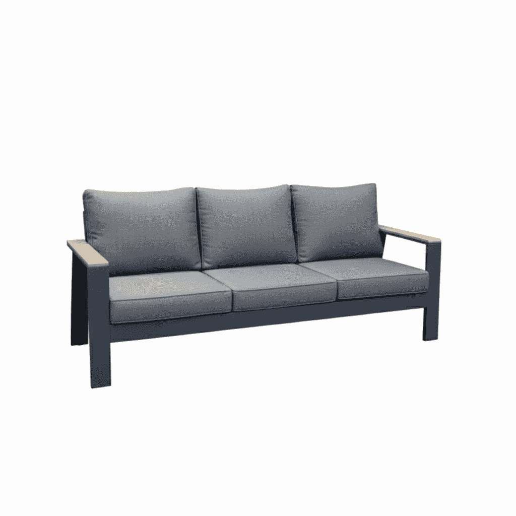 Modern 9-seater outdoor lounge sofa set with aluminum frame and plush cushions, includes a matching dining table for patio comfort.