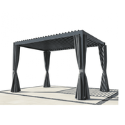 Modern aluminum louvered pergola with weather-resistant curtains, providing stylish outdoor shade and shelter.