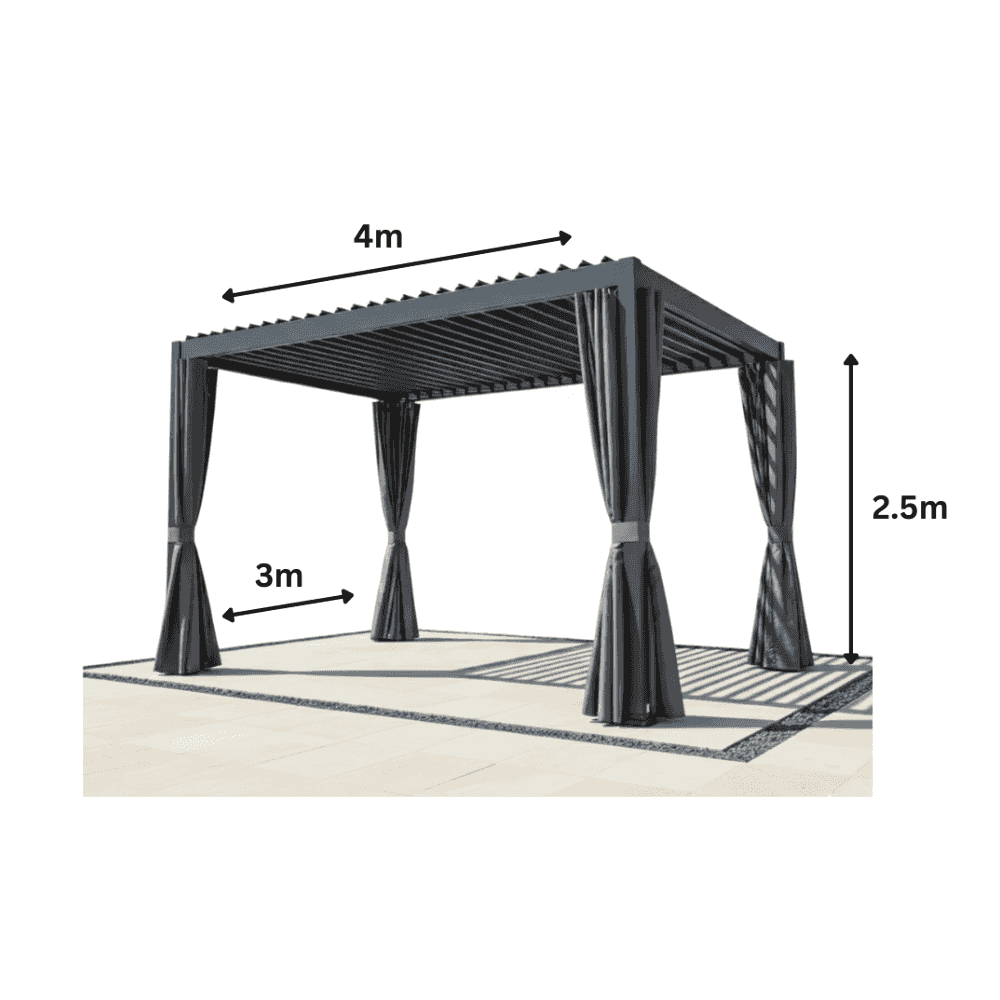 Modern aluminum louvered pergola with weather-resistant curtains, providing stylish outdoor shade and privacy.