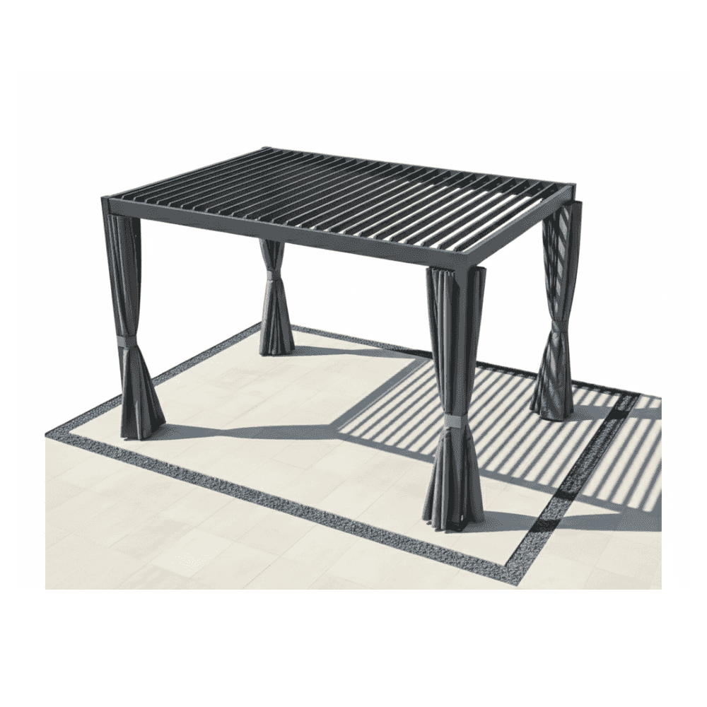Modern aluminum louvered pergola with weather-resistant curtains, providing stylish shade and outdoor shelter.