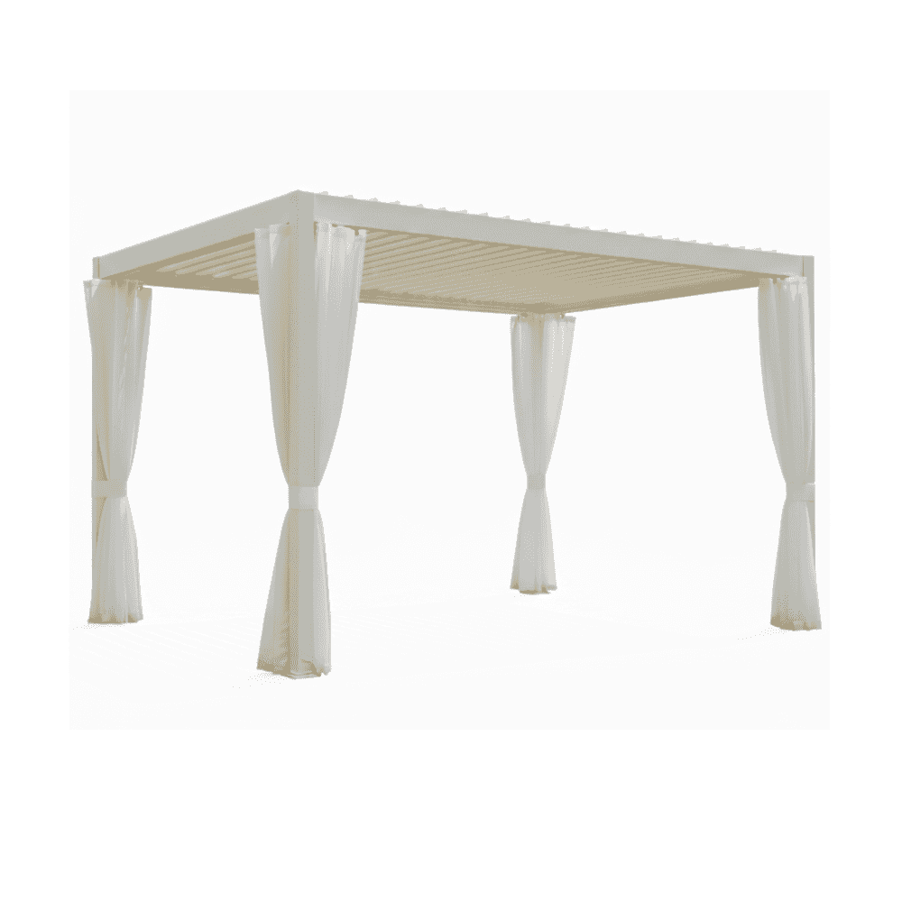Modern white aluminum louvered pergola with weather-resistant curtains, outdoor gazebo for shade and style.