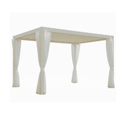 Modern white aluminum louvered pergola with weather-resistant curtains, outdoor gazebo for shade and style.