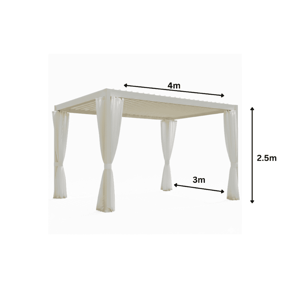 Modern aluminum louvered pergola with weather-resistant curtains, white color, outdoor gazebo structure, by The Outdoor Furniture Market
