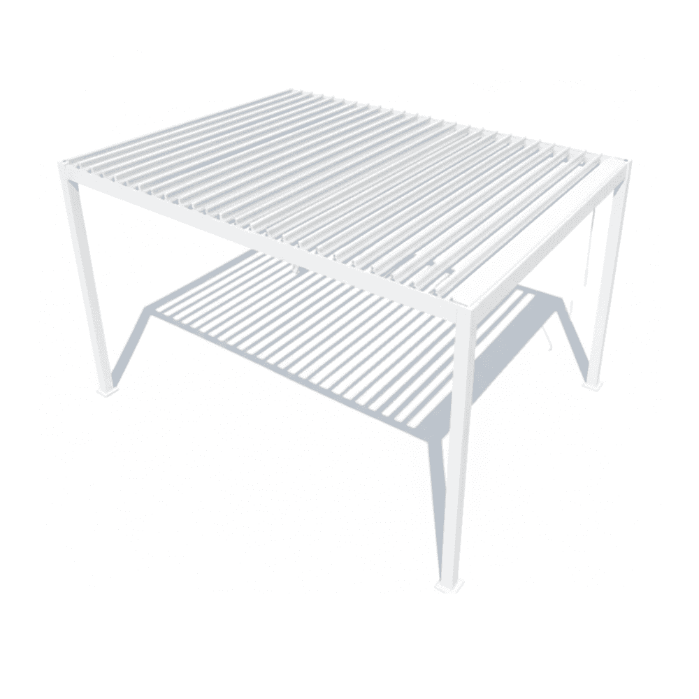 Modern aluminum louvered pergola with white weather-resistant curtains, outdoor gazebo from The Outdoor Furniture Market