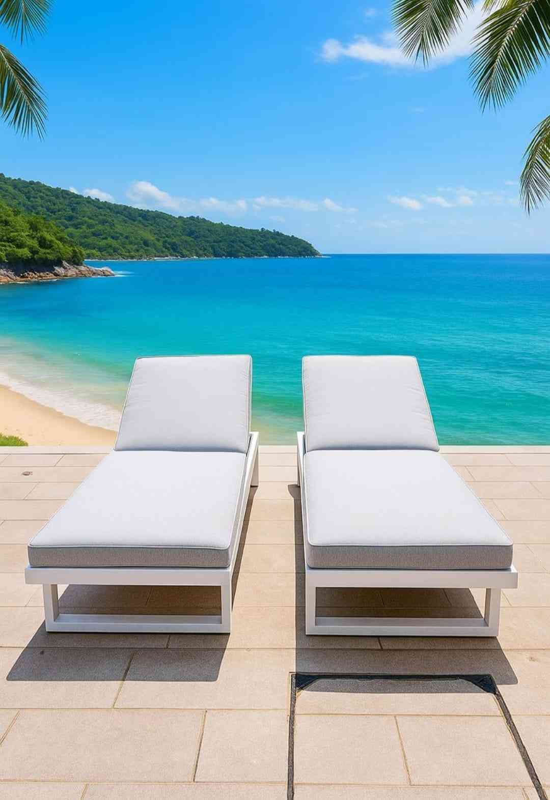 Modern aluminum outdoor sunbed with cushions from The Outdoor Furniture Market, featuring a sleek design and comfortable lounging surface.