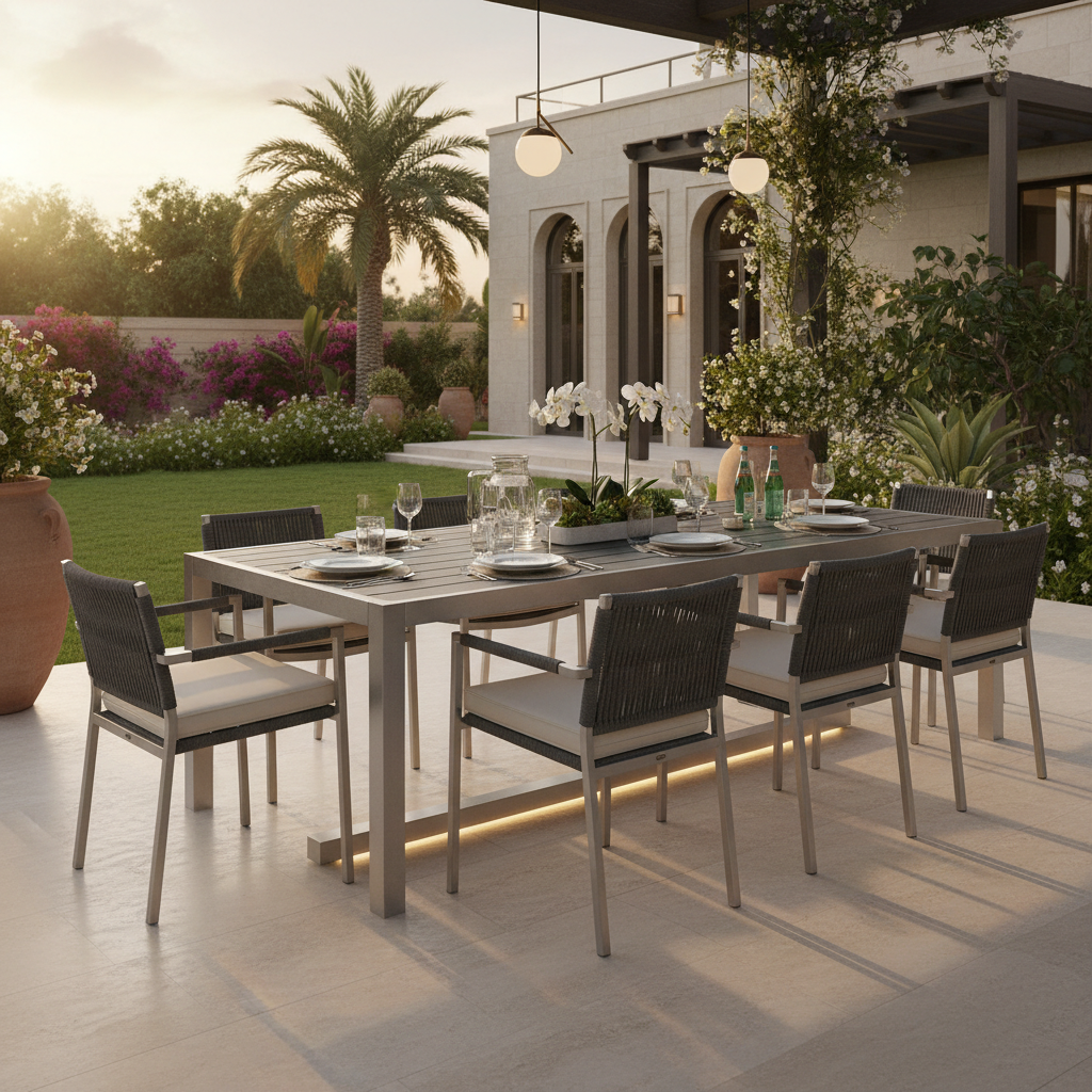 modern outdoor dining table on luxury patio terrace with elegant styling