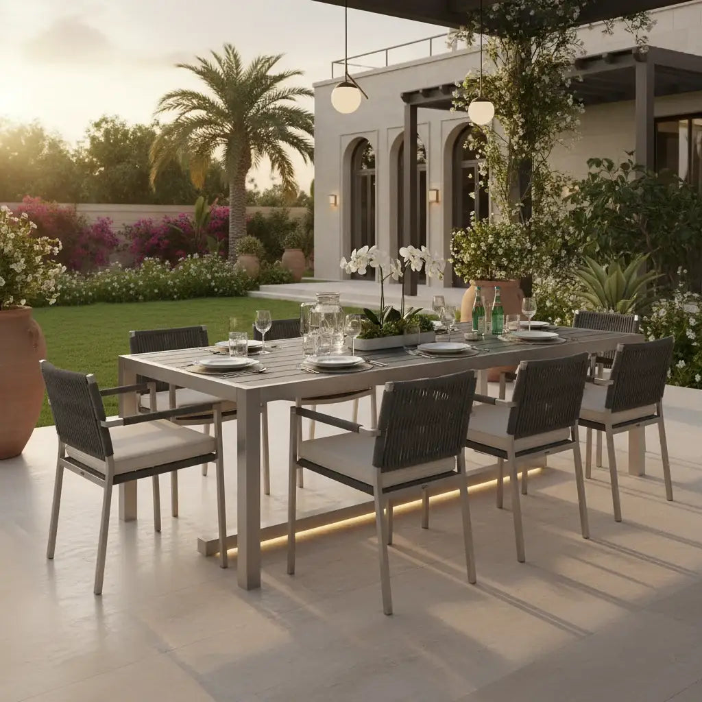 modern outdoor dining table on luxury patio terrace with elegant styling