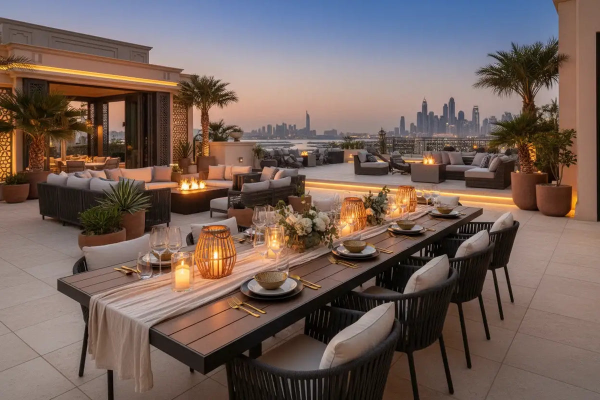 Elegant outdoor dinner party setup with dining table at dusk