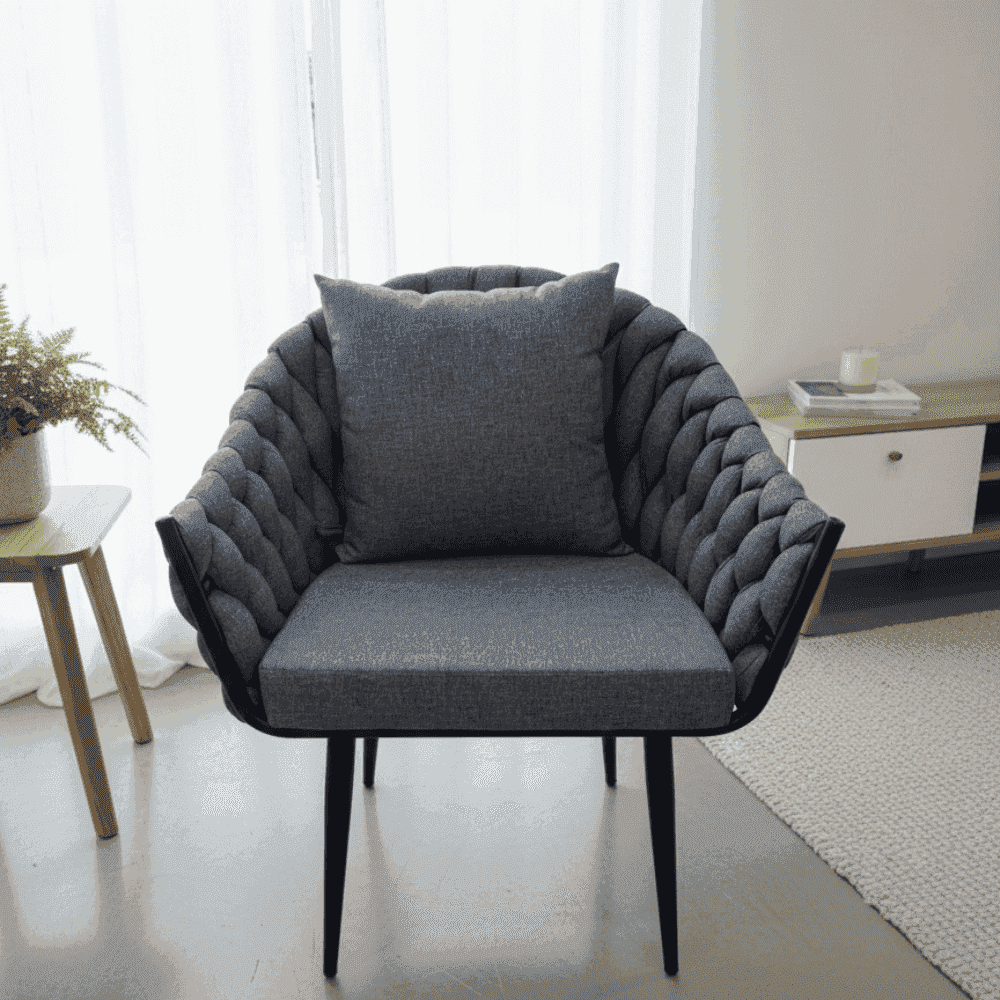 Modern grey braided armchair from The Outdoor Furniture Market, stylish and comfortable for outdoor dining and seating.