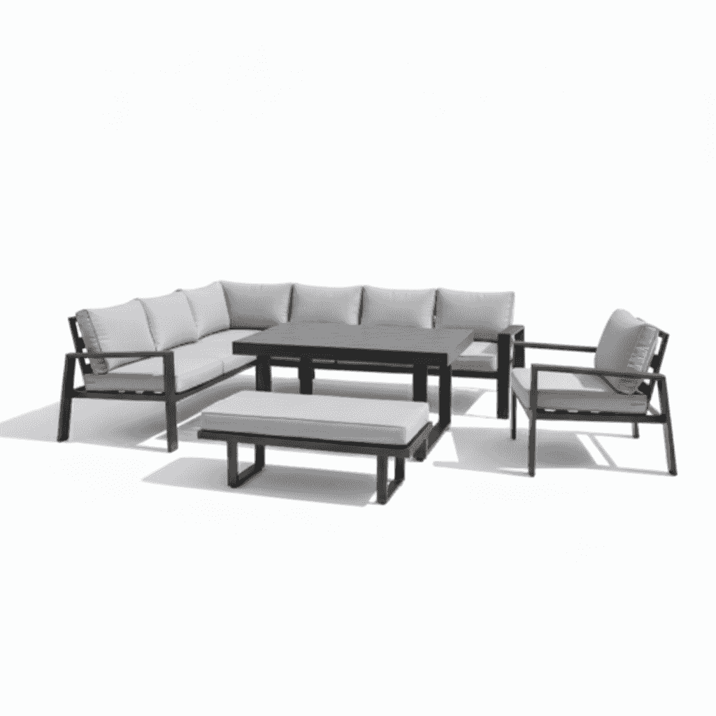Modern L-shape outdoor sofa set by The Outdoor Furniture Market with weather-resistant cushions and a slatted dining table.