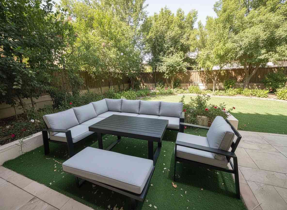 Modern L-shape outdoor sofa set with aluminum frame, weather-resistant cushions, and a slatted dining table by The Outdoor Furniture Market.