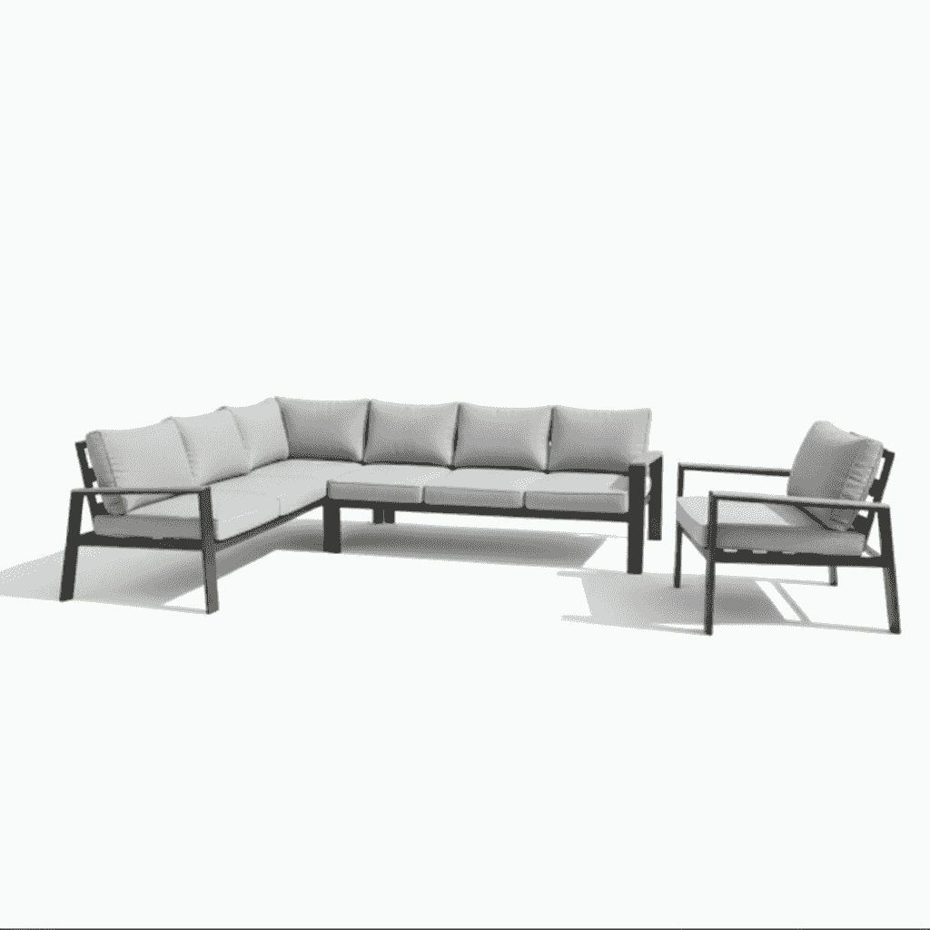 Modern L-shape outdoor sofa set by The Outdoor Furniture Market with weather-resistant cushions and a slatted aluminum dining table.