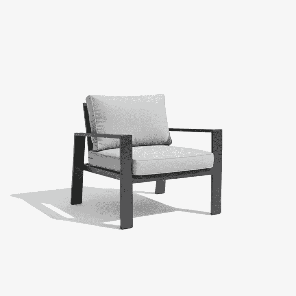 Modern L-shape outdoor sofa set by The Outdoor Furniture Market with weather-resistant cushions and a slatted aluminum dining table.