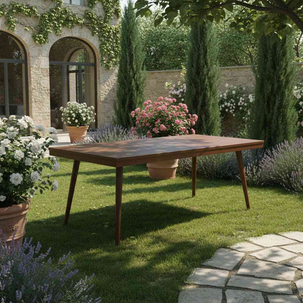 Modern outdoor aluminum table with WPC top, featuring sleek design and sturdy construction from The Outdoor Furniture Market.