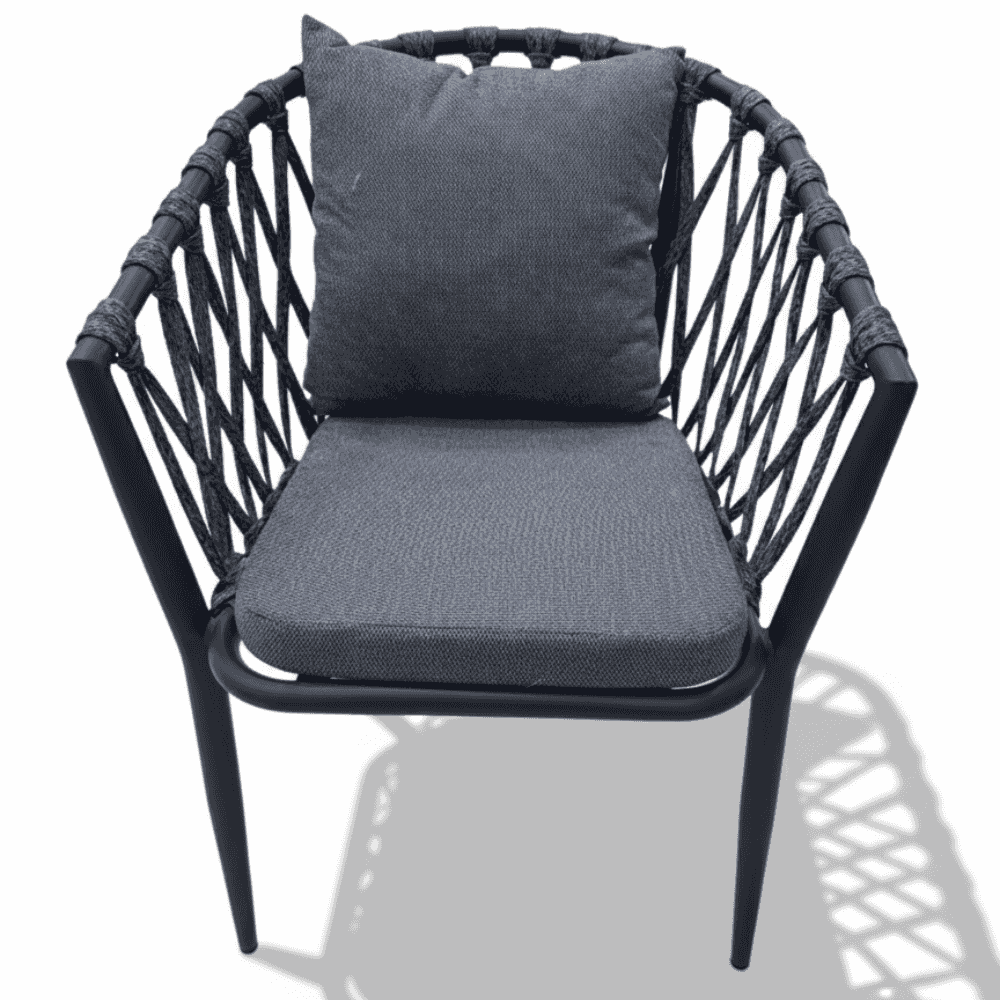 Modern outdoor rope armchair with aluminum frame and weatherproof cushions, ideal for stylish outdoor dining.
