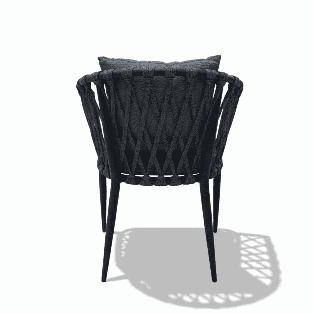 Modern outdoor aluminum rope armchair with weatherproof cushions, ideal for outdoor dining and relaxing.